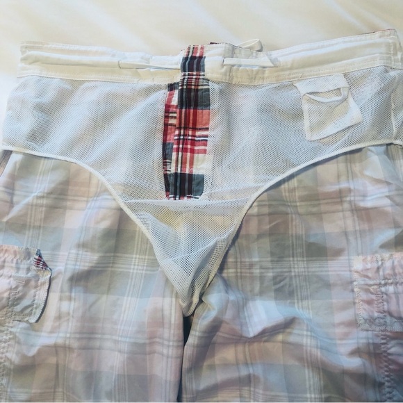 Mens 2X Red Tartan Cargo Swim Board Shorts Mesh Liner - Picture 6 of 7